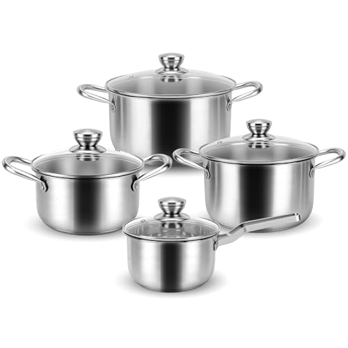 MEKOTRIN Cookware Set 8 Pieces 304 Stainless Steel, Induction Pots and Pans Set with Glass Lids, Multi-Layer Saucepans for All Kitchens, Easy Cleaning