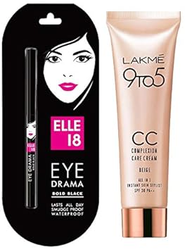 Elle 18 Eye Drama Kajal, Bold Black, 0.35g & Lakme Complexion Care Face Cream, Beige, 9g