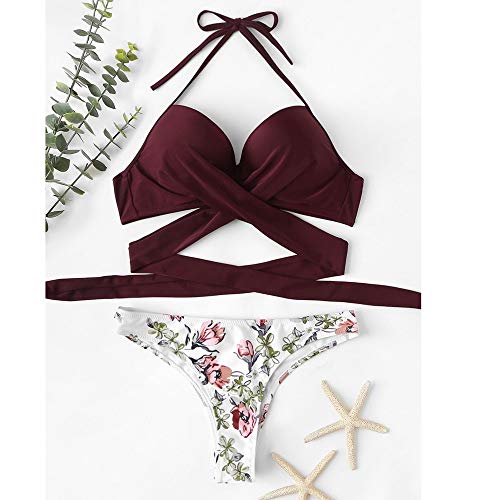 Malbaba Swimsuit Fashion Sexy Women Bikini Padded Swimwear Bandage Print Bathing Beachwear Wine