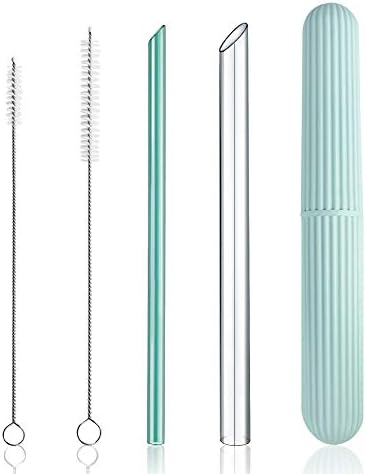Reusable Eco-Friendly Glass Drinking Straws Set, 8-inch x 8mm and 14mm with S/M Extra Large Size Brushes and Storage Container Travel Safe Case Box BPA Free Smoothie Coffee Bubble Boba Tea - Green