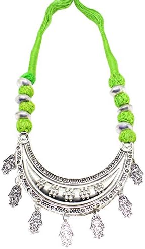 GiftPiper Threaded German Silver Necklace Moon Shape Pendant (Green)