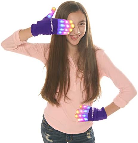 The Noodley Purple LED Finger Light Up Gloves for Girls and Boys Funky Flashing Orange, Pink, and Blue - Kid Sized Ages 8, 9, 10, 11, 12 Year olds (Medium, Purple)