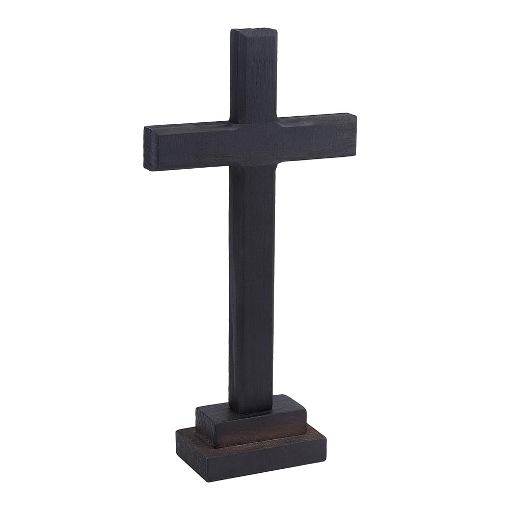 GOMAKERER 1 Pc Wood Crafted Cross, Black Wooden Wall Cross with Stand, Hanging or Standing Cross Decoration Religion Wall-Mounted Cross for Home Desktop Decoration