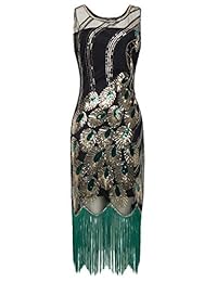 Vestido de fiesta con flecos, lentejuelas y plumas de pavo real, estilo vintage años 20 de Babeyond