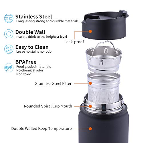 Tea Infuser Bottle With Removable Loose Leaf Tea Strainer 18/8 Stainless Steel Insulated Travel Tea Tumbler Black - Image 3