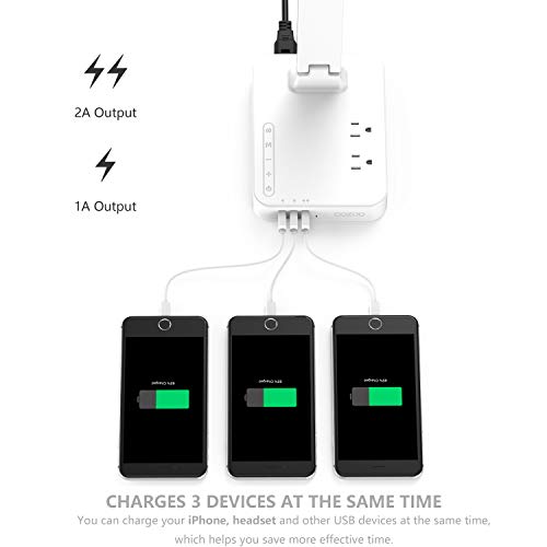 COZOO LED Desk Lamp with 3 USB Charging Port and 2 Outlet Power Strip, 3 Lighting Model with 3 Brightness Level, 1h Timer, Touch Control, Memory Function (White-)