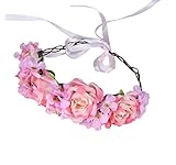 Vivivalue Hade-made Flower Wreath Headband Crown Floral Garland with Ribbon Boho for Festival Wedding Pink