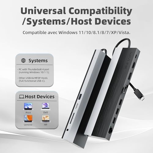 Station d'accueil USB-C 3 moniteurs avec HDMI, DP, VGA, 100 W PD, USB3.0&2.0, RJ45, emplacements SD/TF, Audio/Microphone, pour Lenovo/HP/Dell, etc. - Gris