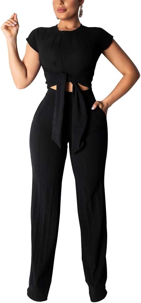 Molisry Women Kniited Ribbed Crop Top High Waist Wide Leg Long Pants Sets 2 Piece Outfits