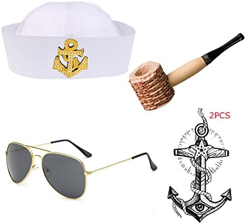Yacht Captain & Sailor Costume Set - Hat,Corn Cob Pipe,Aviator Sunglasses,Vintage Anchor Temporary Tattoo