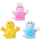Bath and Shower Loofah Sponge For Kids,Non-toxic,Skin-friendly Soft Terry Cloth Bath Puppet,Wash Cloth,Bath Mitt,Bath Mitt,Terry Cloth Bath Mitt Set of 3,Cute Face Design(Cartoon Rabbit/Duck/Bear)