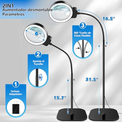 URPOWㅤ Lupa con Luz Led 30X 10X, LLámpara con Lupa 2 en 1, 3 Modos de Color, Oscurecimiento de 10 Niveles, para el Hogar, Oficina, Lectura, Costura, Bordado (Negro)
