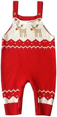 Zerototens Toddler Baby Boys Girls Romper Shoulder Strap Christmas Deer Print Jumper Knitted Sweater Suspenders Pants Kids Knit Romper Jumpsuit Xmas Gift 0-18 Months