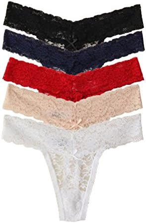 TALEVE Women's Sexy Lace Cheeky Thong Underwear Plus Size Nylon Hipster See Through Panties Pack of 5