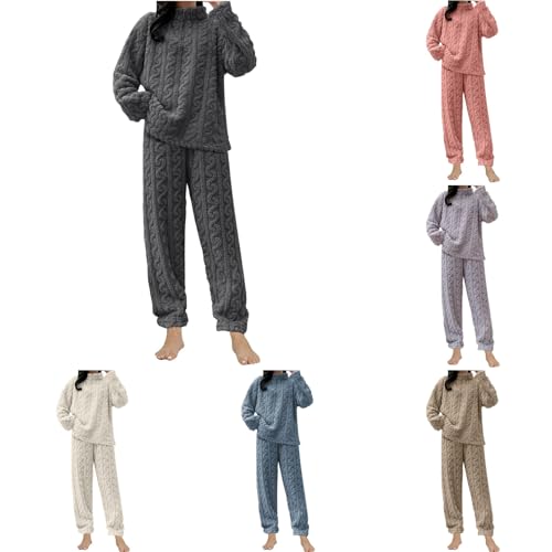 Womens Fleece Pyjamas Sets 2 Piece Winter Fluffy Soft Warm Cosy Teddy Fleece Pullover Top and Lounge Pants Casual Plush Thick Nightwear Pjs Sets