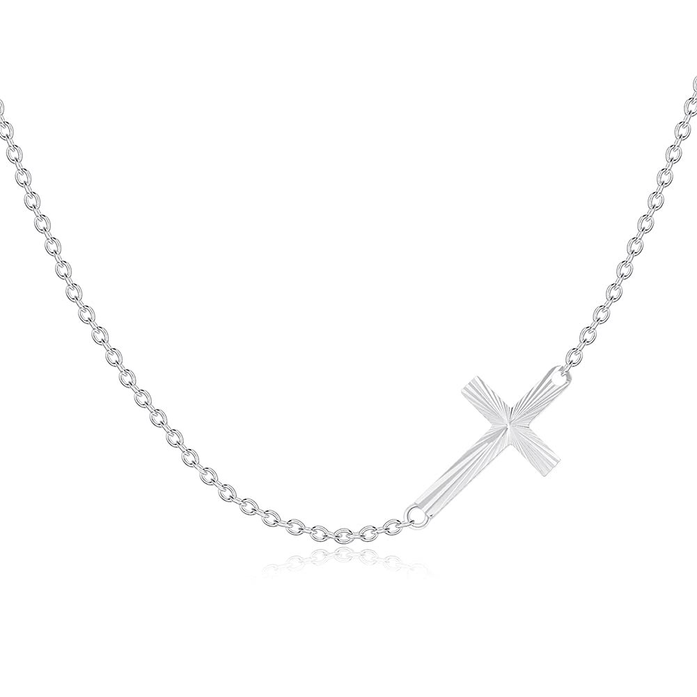 SISGEM 9 ct Gold Cross Necklace, Solid White Gold Sideway Cross with Diamond Cut, for Women Girls Ladies Mum Sisters, 14"+1"+1"
