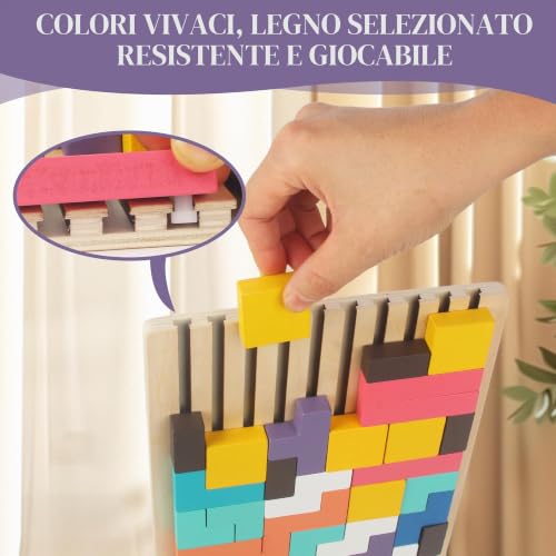 Tetris Wooden Stacking Game Educational Toys with 10 Cards Intelligence Jigsaw Puzzle Children 3 4 5 6 Years Old Colorful Geometric Blocks Tetris Educational Gift