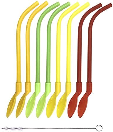 ZKDT 8 Piece BPA-Free Reusable Plastic Thick Drinking Spoon Straws Mix Color with Cleaning Brush