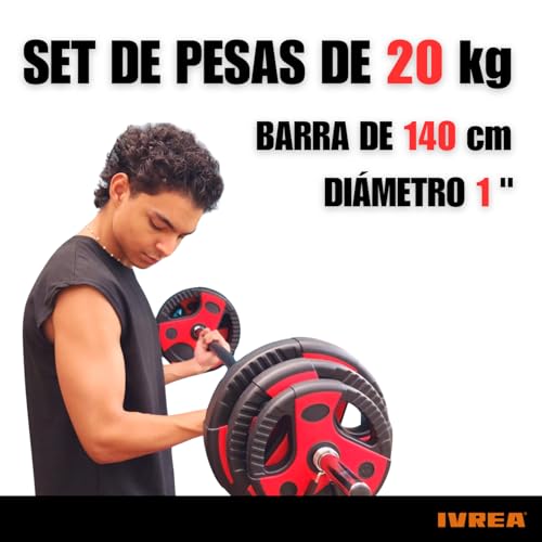 IVREA Set de Barra de Pesas 20 kg de peso ajustable. Barra de tubo de acero de 1” acolchada de 140 cm. Ideal para Principiantes, Intermedios y Ejercicio en Casa