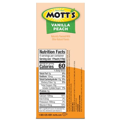 MOTT’S FRUIT SMOOTHIES VANILLA PEACH, 4.2 OZ CLEAR POUCHES, 4 PACK, MADE WITH MILK, MADE WITH REAL FRUIT, GOOD SOURCE OF CALCIUM, ON-THE-GO
