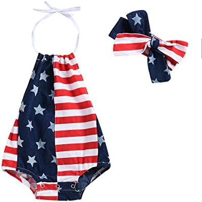 Baby Girls Boys Summer Outfits Clothes 4th of July 2018 Star Straps Romper Headband 2Pcs Set for 6-24 Months
