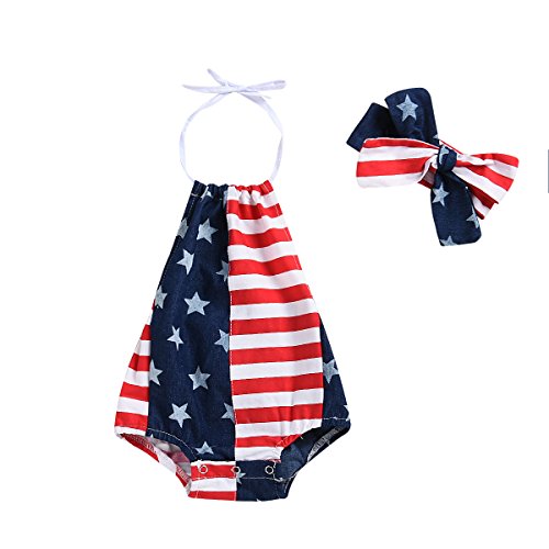 Baby Girls Boys Summer Outfits Clothes 4th of July 2018 Star Straps Romper Headband 2Pcs Set for 6-24 Months