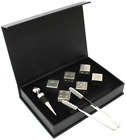 Whiskey Ice Cubes Dice Shape Set of 6 Reusable Ice Stones Stainless Steel + Ice Tong + Stopper - Gift for Men - Personalized Whiskey Stones - Beer Liquor Drinks Beverage - Amerno