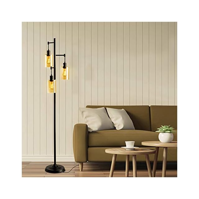 LEONLITE Industrial Floor Lamp with Amber Glass, 3Head Vintage Track