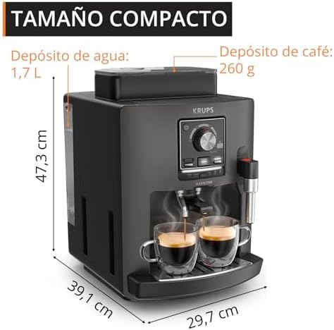 Harmony, Máquina de Café Super Automática, 4 Bebidas de Café e Leite, Espumador de Leite, Limpeza Automática, Função Dupla Chávena, Compacto, Cor Carvão, EA508BE0