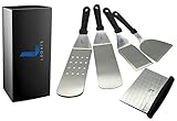 Lodhi's Set Of 5 Metal Spatula Stainless Steel With Plastic Handle – Multipurpose BBQ Spatula Set For BBQ Grill Griddle – Pancake Flipper, Griddle Scarper, Dough Scraper, Griddle Spatula, Perforated