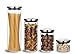 #1 - ELEMENTAL KITCHEN - Airtight Borosilicate Glass Storage Container Set - One Button Seal - Set of 4 - Highest Quality, Stacking & Precision Crafted Jars, New Brushed Stainless Steel Lid