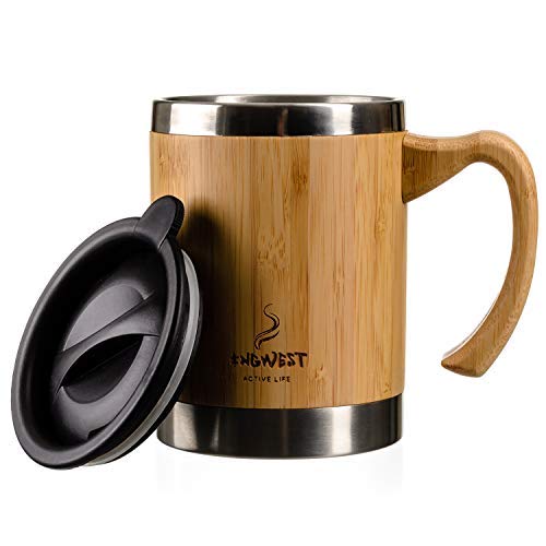 InGwest Active Life. Bamboo Coffee Mug for Man/Woman - 13.5 ounce. Super Light Eco Stainless Steel Coffee\Tea Mug with Lid and Bamboo Handle! Thickened layer of bamboo!