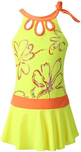 Chrysea Girls Glittery Floral Print One Piece Swimsuit (6-7 Years, Yellow)