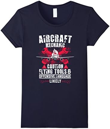 Women's Aircraft Mechanic Caution Flying Tools Funny Gift T-shirt Large Navy