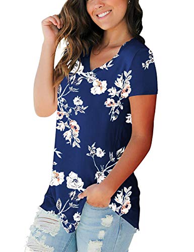Women's T Shirts Short Sleeve V-Neck Loose Casual Basic Tee Tops Summer T-Shirt (Floral-Navy QW, Medium)