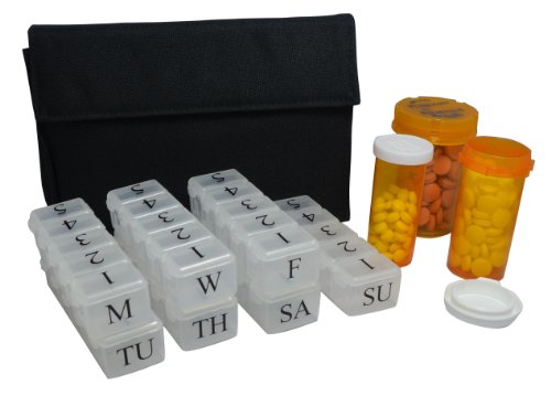 e-Pill | 5 DOSES Pillbox | Pill Dispenser Organizer System | 5 Daily Doses x 7 Days | Discrete Canvas Bag Organizer (Black), for Home, Office or Travel