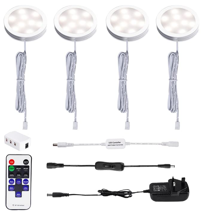 AIBOO LED Under Cabinet Kitchen Lights Plug in Wired 4 Pack with Remote,Nature White Dimmable Under Cupboard Kitchen Lights Mains Powered,Under Counter Light Display for Closet Showcase Wardrobe