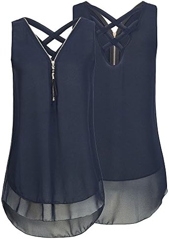 Hengshikeji🌹Women Loose Sleeveless Tank Top Cross Back Hem Layed Zipper V-Neck T Shirts Tops Girls