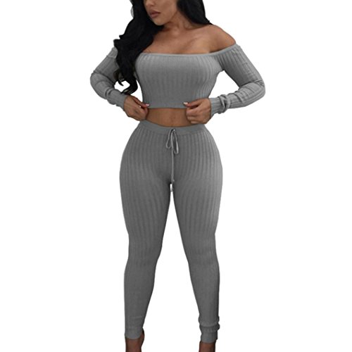 Jushye Hot Sale!!! Women's Tracksuit, Ladies Off Shoulder Fashion Split 2 Piece Set Casual Bodycon Casual Outfit Sportswear (Gray, M)