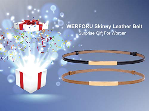 2 PACK WERFORU Women Patent Skinny Thin Leather Waist Belt with Golden Buckle (Black+Brown, Waist Size below 40 Inches)