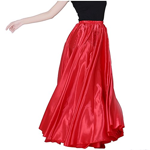 Ladies 90cm Satin Maxi Midi Skirt Long Dress Elastic Waist for Belly Dance Princess Party Cosplay Costume Red - Thumbnail 6