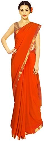 KarigarStreet Chiffon Saree with Paisley Zari Border With Blouse Material (Orange)
