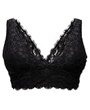 YIANNA Women's Underwear Halter Elasticity Full Lace Bralette Crop Paded Bra Top Soft Cup, YA7120-Black-M
