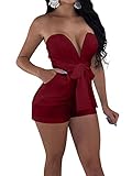 TOB Women's Sexy Deep V-Neck High Waist Belt Club Romper Short Jumpsuit Wine Red