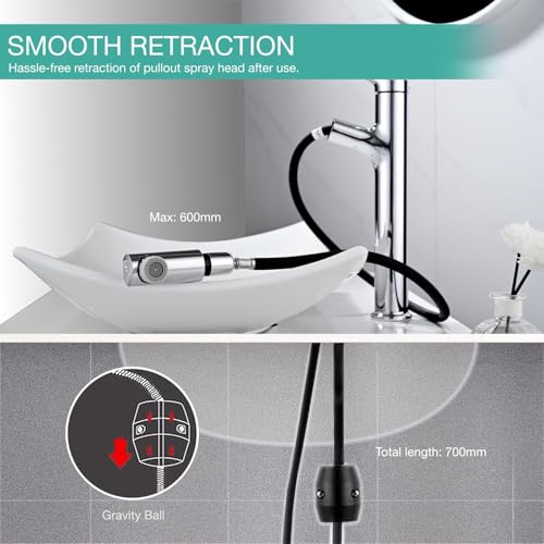 Tall Bathroom Faucet with 2 Modes Pull-Out Shower, DETBOM Basin Mixer, Single Lever Taps, Suitable for Countertop Washbasin, Removable Aerator, Hot/Cold Water, Lead-free, Chrome