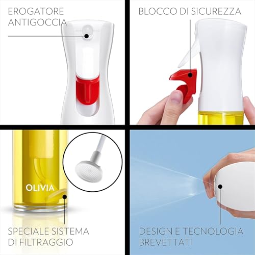 FLAIROSOL OLIVIA 130 ml Glass Oil Sprayer - Continuous Spray Technology with Portion Control - Versatile for Cooking, Salads, Barbecues, Baking, etc. (Golden Logo)