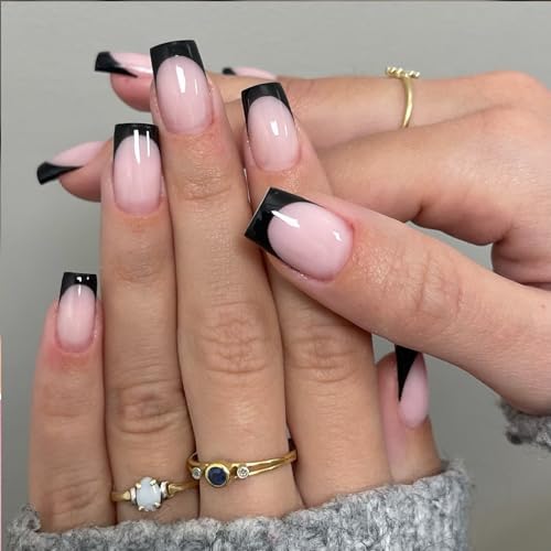 AddFavor French Press-On Nails, 120pcs Black French Tips Long Glossy Nude Gel Press-On Artificial Medium Length False Nails with Adhesive Tab for Women Girls - Image 2