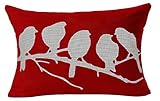 Birds in Tree Branch Red Ground Cotton Linen Throw Lumbar Waist Pillow Case Cushion Cover Home Office Decorative Rectangle 12 X 20 Inches