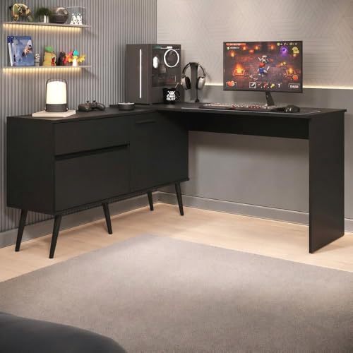 Multimóveis Mesa Gamer em L para Computador 2 Portas 1 Gaveta Arena MP6050 Preto