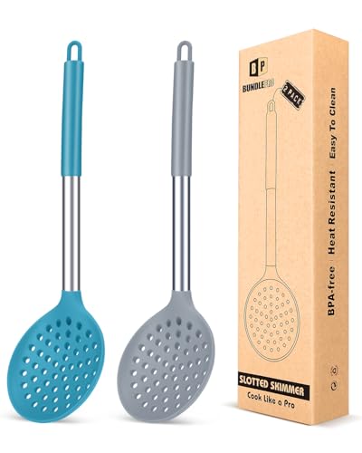 Kitchen Ladle Strainer Set of 2 Large Slotted Spoon with High Heat Resistant BPA Free Non Stick Cooking Skimmers For Draining and Frying (Grey and Teal Blue)